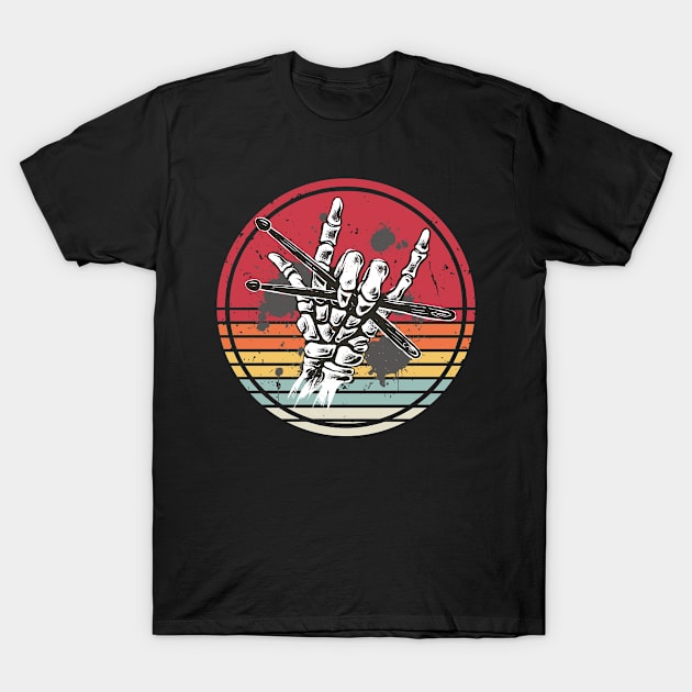 Skeleton Hands Devil Horns Rock Drummer Retro T-Shirt by Visual Vibes